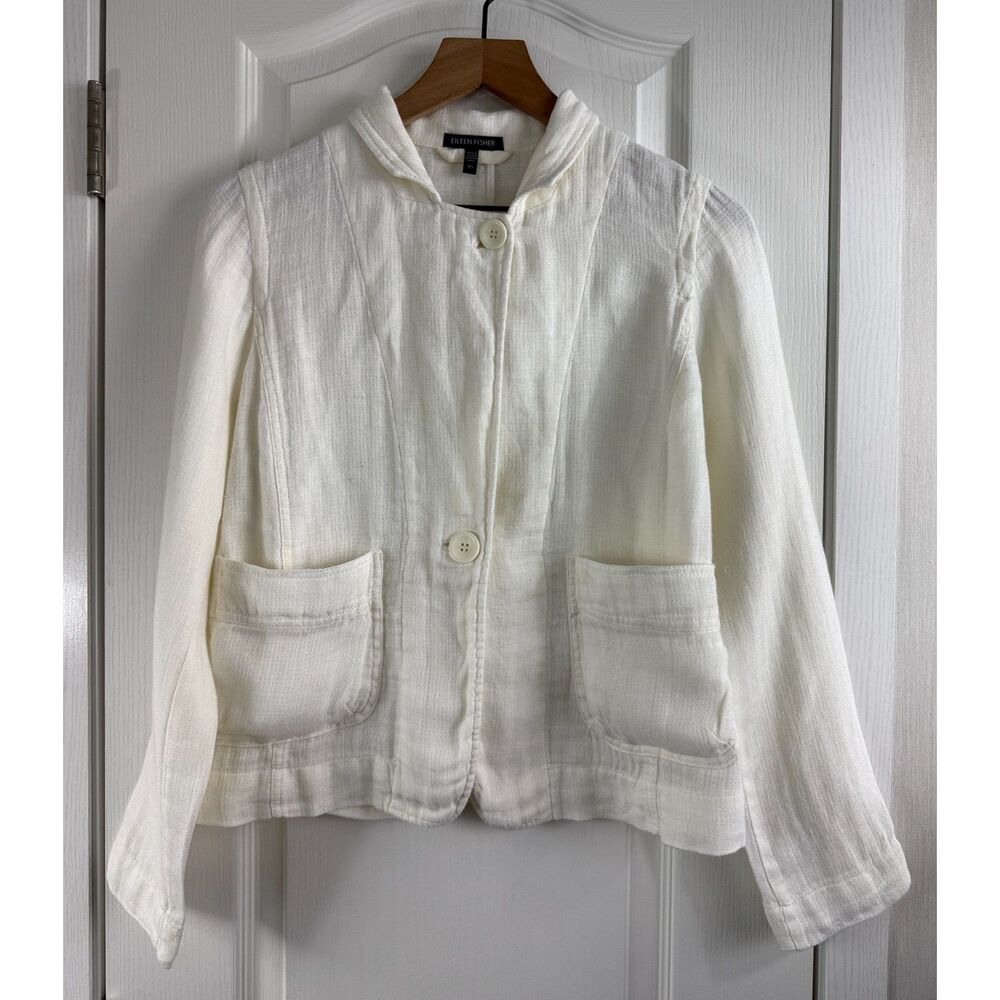 Eileen Fisher Womens XS White Linen Jacket Blazer Button Front Pockets